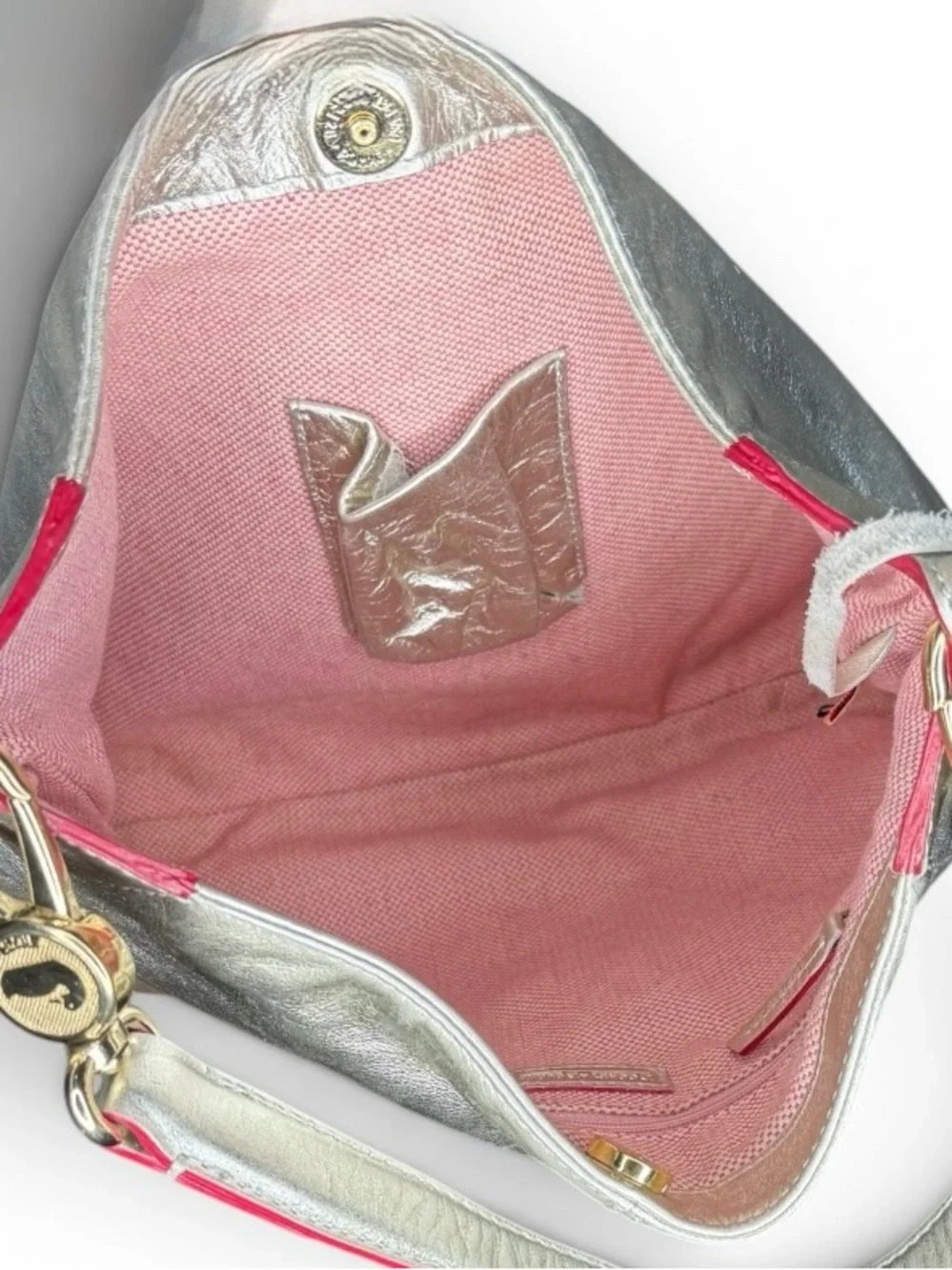 Dooney & Bourke Metallic Silver Leather Hobo Bag Red Trim Shoulder Purse